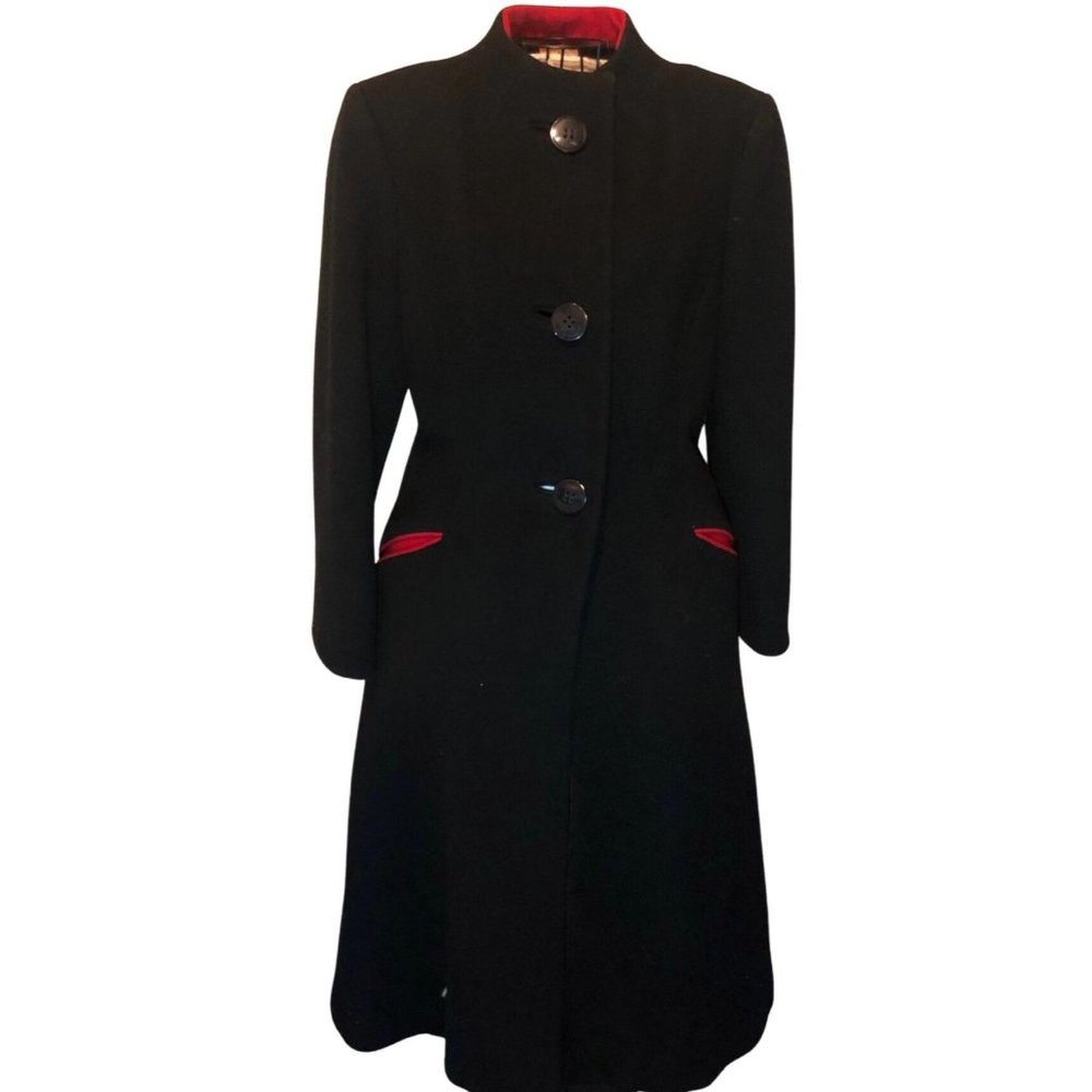 Vintage Trigère Coat Black Wool Red Lining Trench